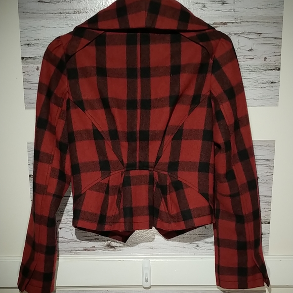 Small Cropped Plaid Wool Jacket w/ Asymmetric Zip - Picture 3 of 5